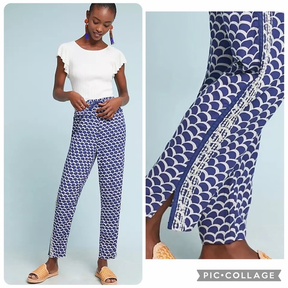 Anthropologie Pants - LP large petite Anthropologie beaded jogger pants lightweight blue white scallop